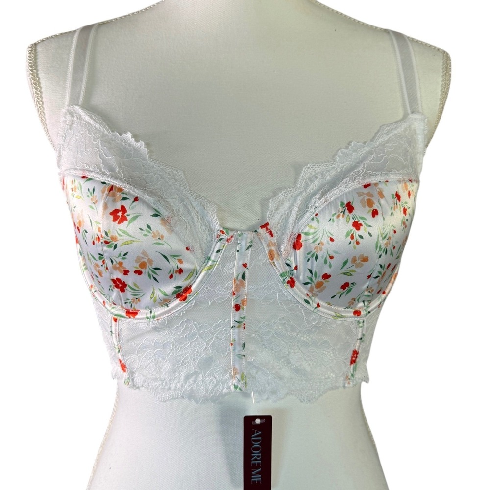 Adore Me White Floral Lace Longline Bra Bralette Bustier Corset 36C‎